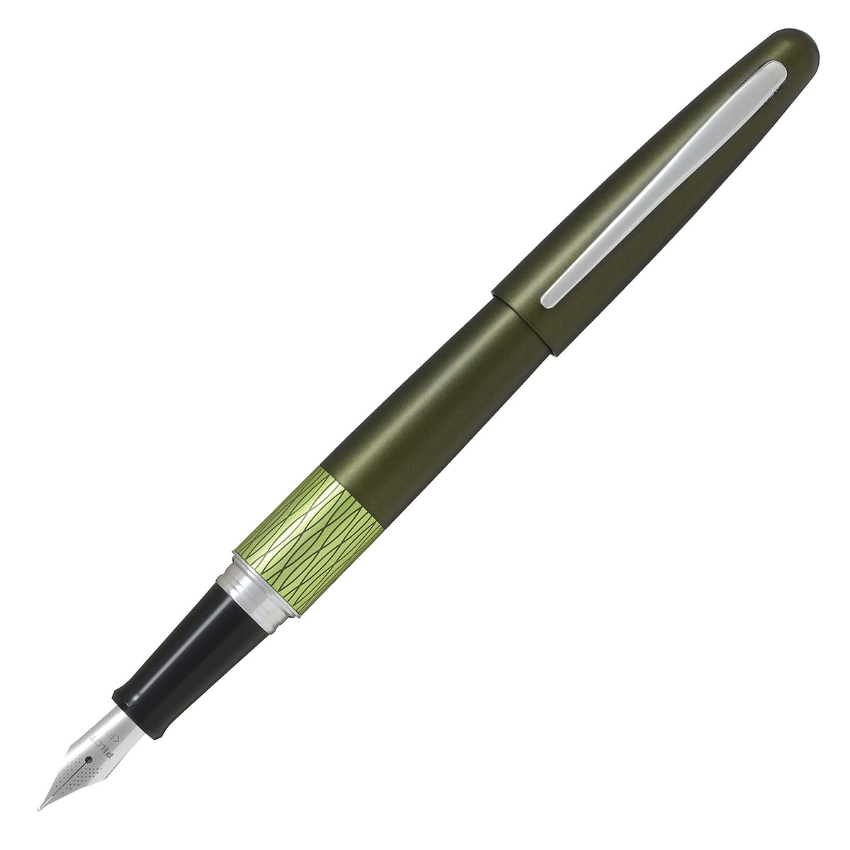An olive green fountain pen with a textured lime-green band, silver trim, and a black nib section, shown diagonally on a plain white background.