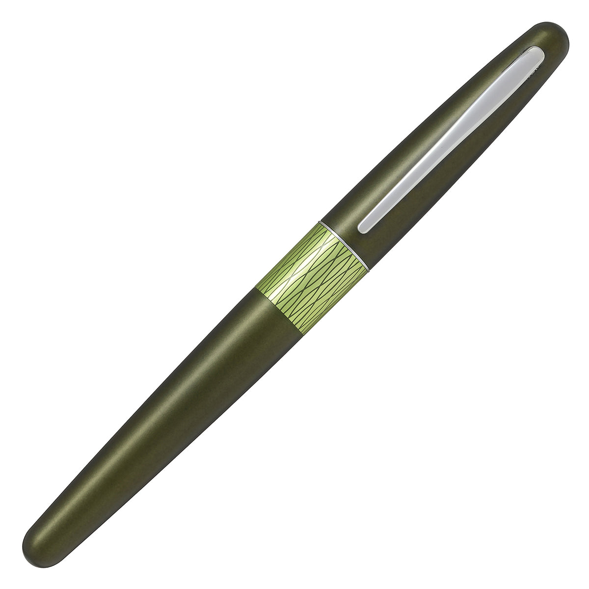 An olive green pen with a textured metallic band and a silver clip, shown diagonally on a plain white background.