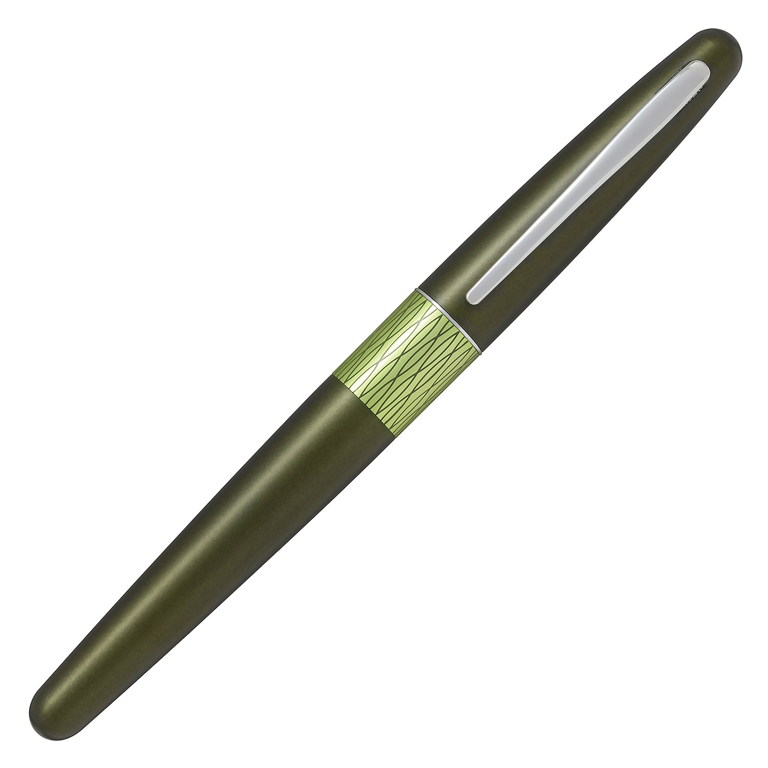 An olive green fountain pen with a textured lime-green band, silver trim, and a black nib section, shown diagonally on a plain white background.