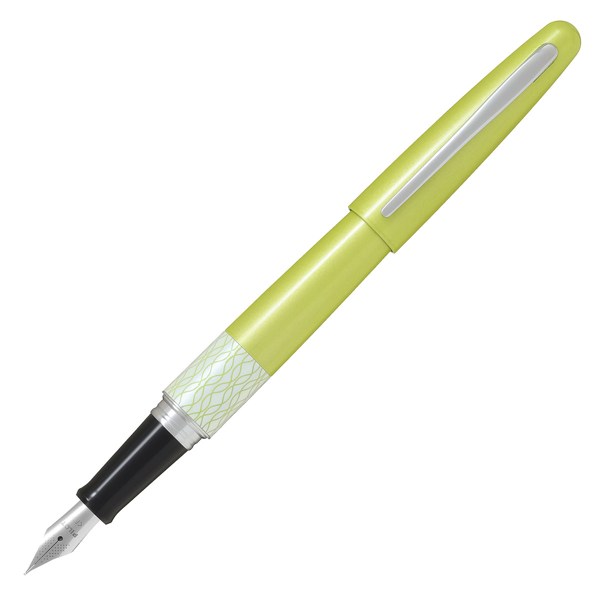 A fountain pen with a lime green body, featuring a patterned green and white ring near the nib, a black grip, and a silver clip and nib.