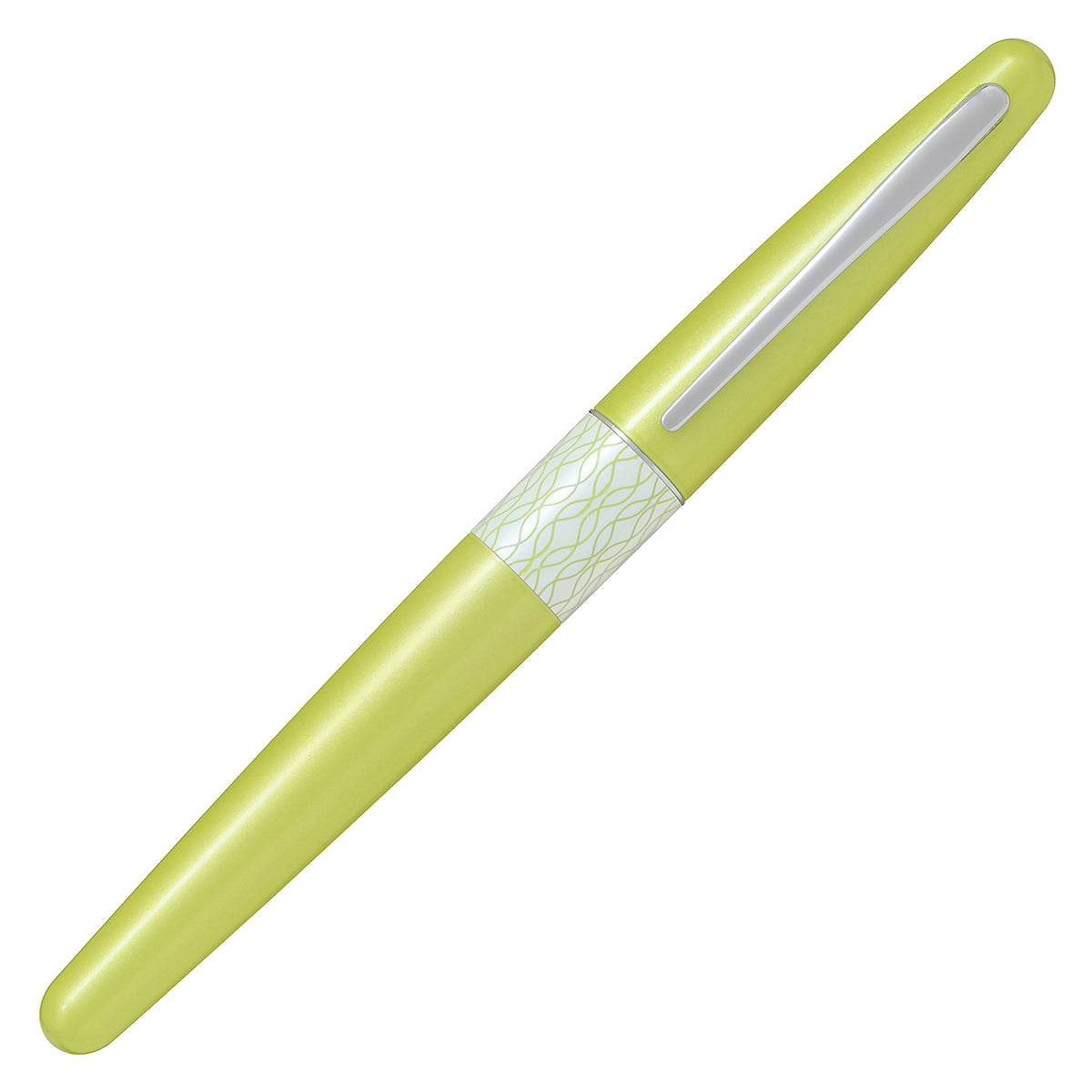 A lime green fountain pen with a textured white band and a silver clip, shown diagonally on a plain white background.