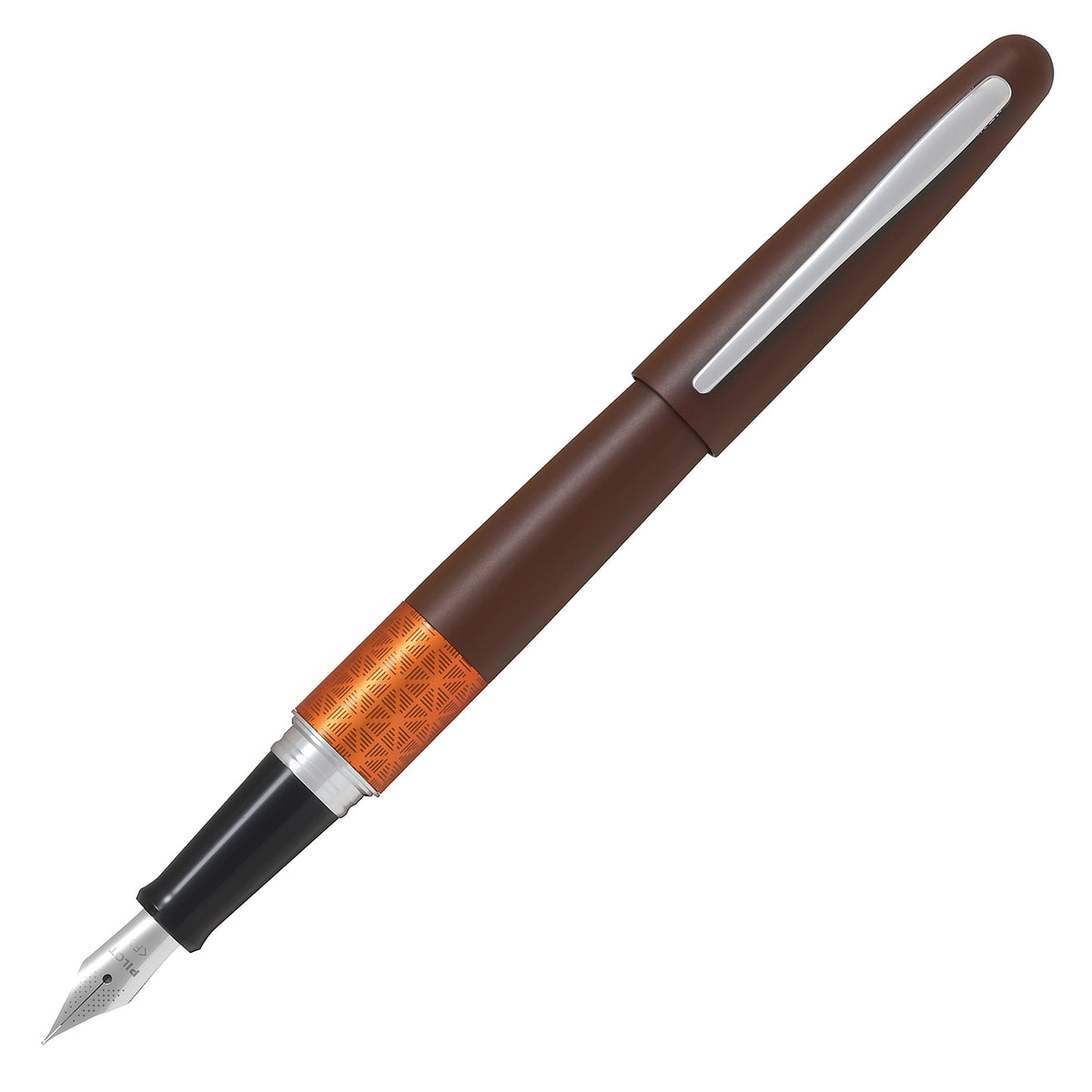 A brown fountain pen with a textured orange band and silver accents, shown diagonally on a plain white background.