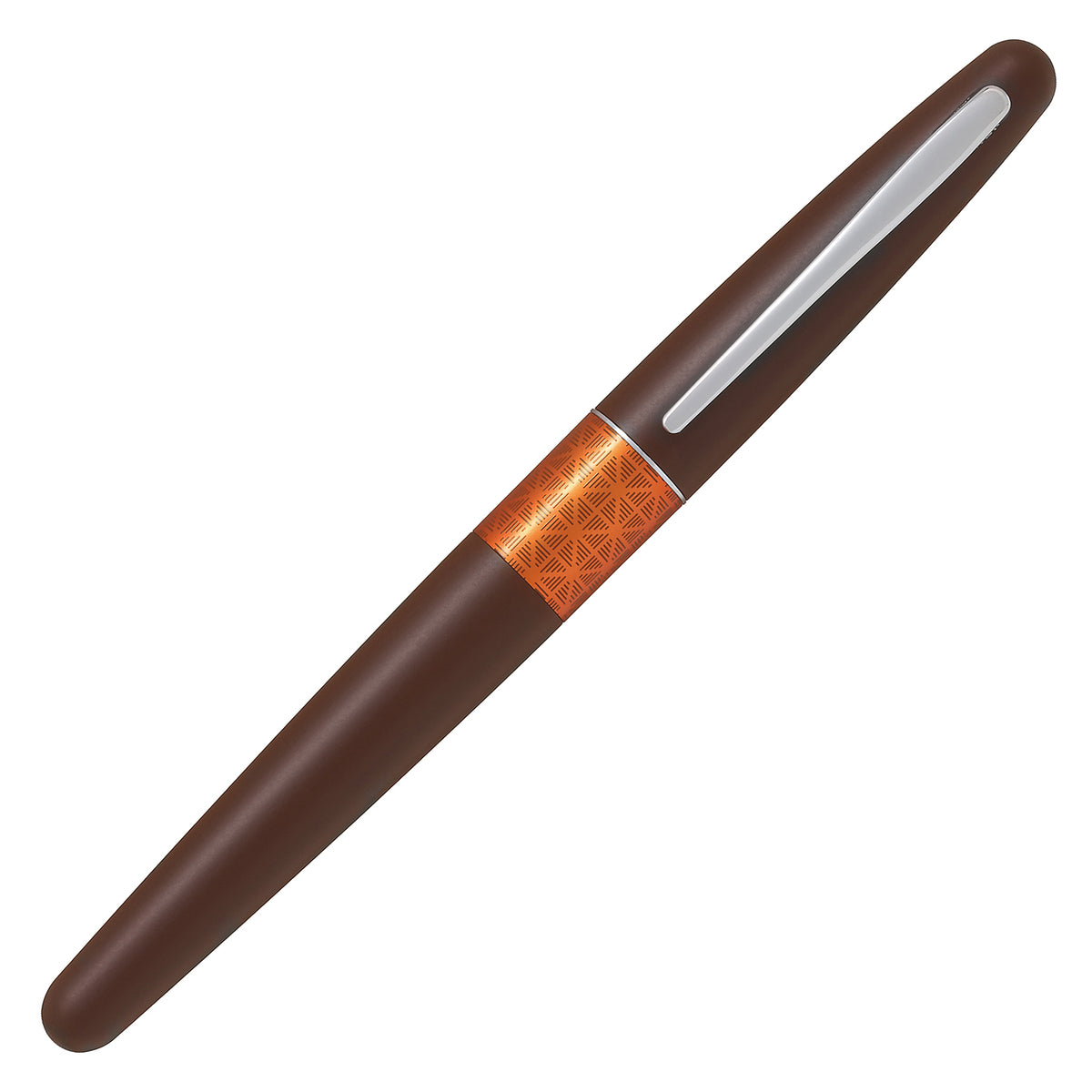 A dark brown fountain pen with a textured metallic copper band and a silver clip, shown diagonally on a plain white background.