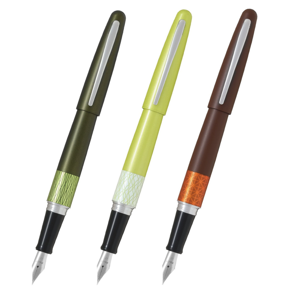 Three fountain pens shown on a plain white background: one olive green, one light yellow-green, and one dark brown, each with silver trim and black nib sections.