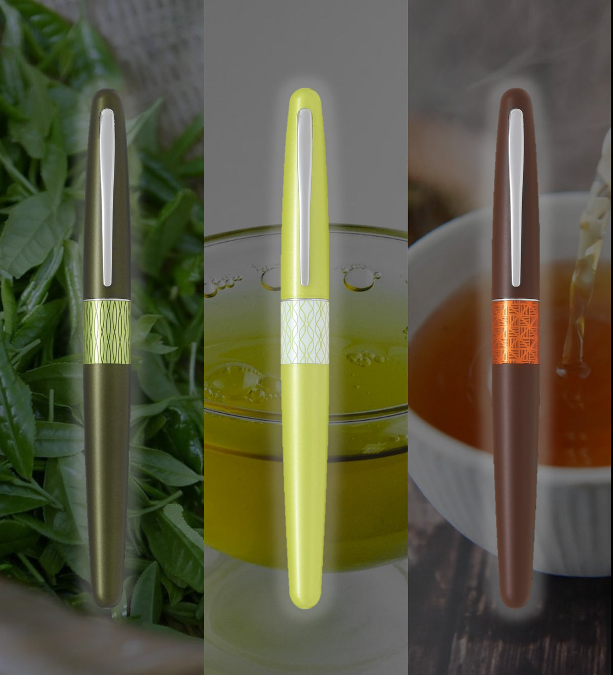 Three fountain pen views shown side by side: one olive green pen with a textured gold band among green leaves, one pale yellow pen with a silver band in front of a glass of tea, and one dark brown pen with an orange patterned band beside a cup of tea.
