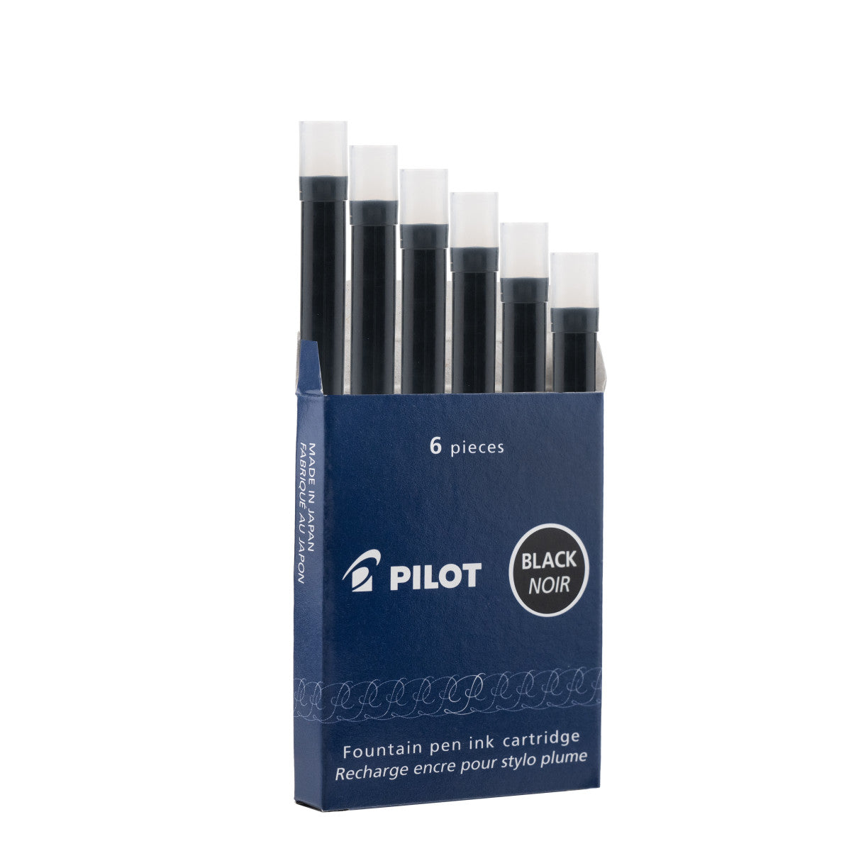 Pilot black fountain pen ink cartridge with packaging on a white background