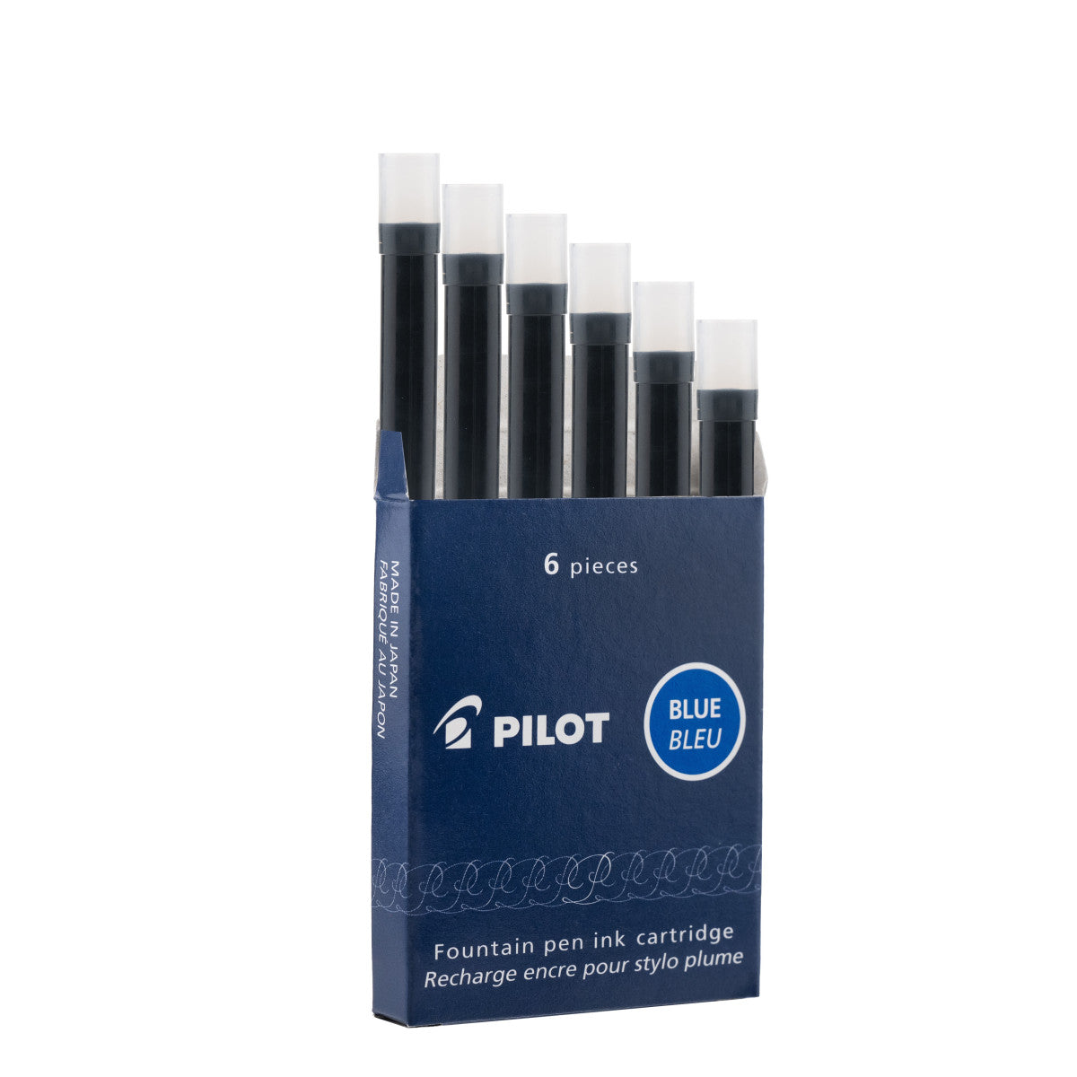 Pack of Pilot fountain pen ink cartridges with blue packaging on a white background