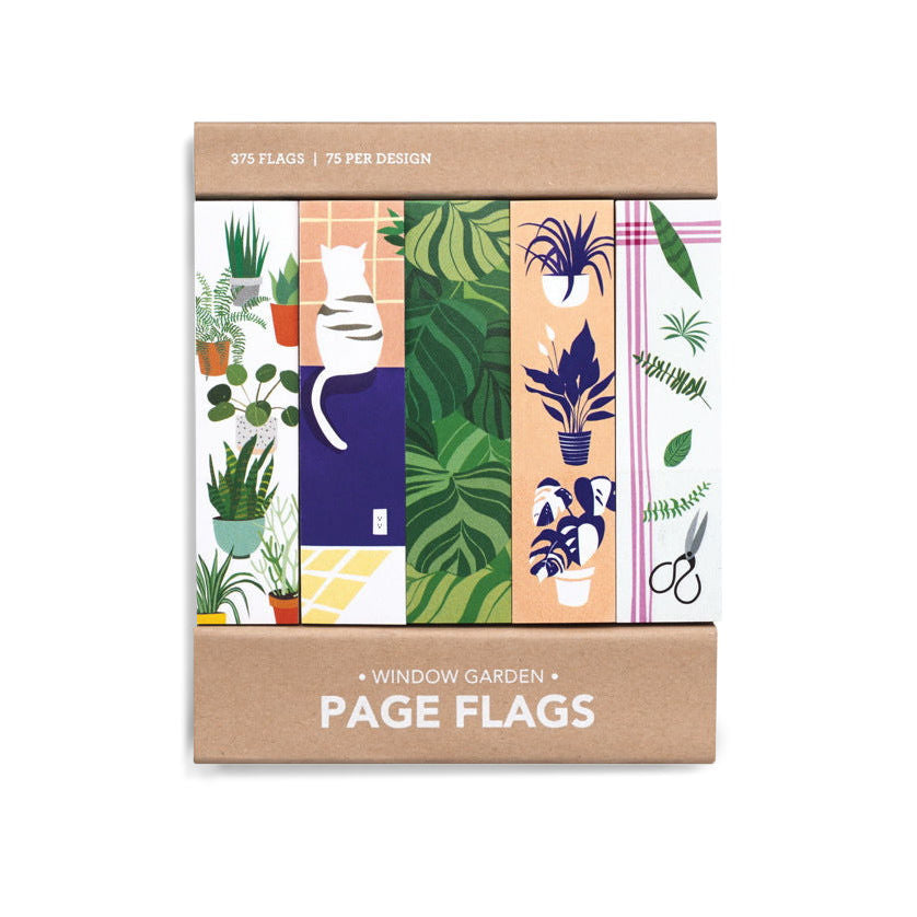 Pack of of Window Garden Page Flags on a white background with various plant designs and a pensive cat