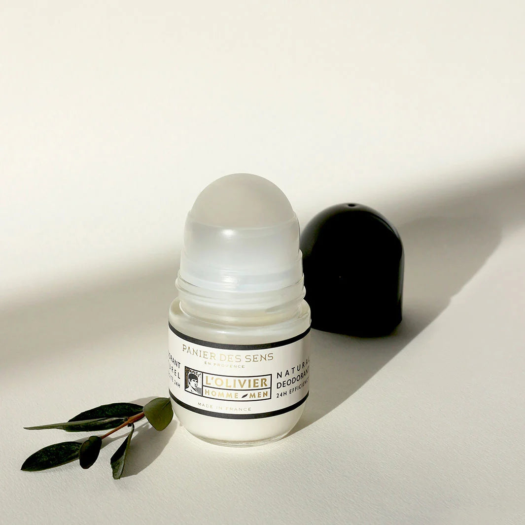 Panier des Sens L'Olivier Homme Natural deodorant in a small glass bottle with black domed cap 
