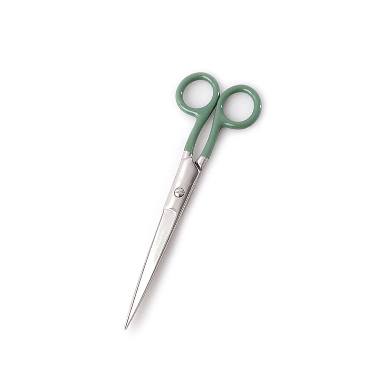 Pair of Penco scissors with green handles on a white background