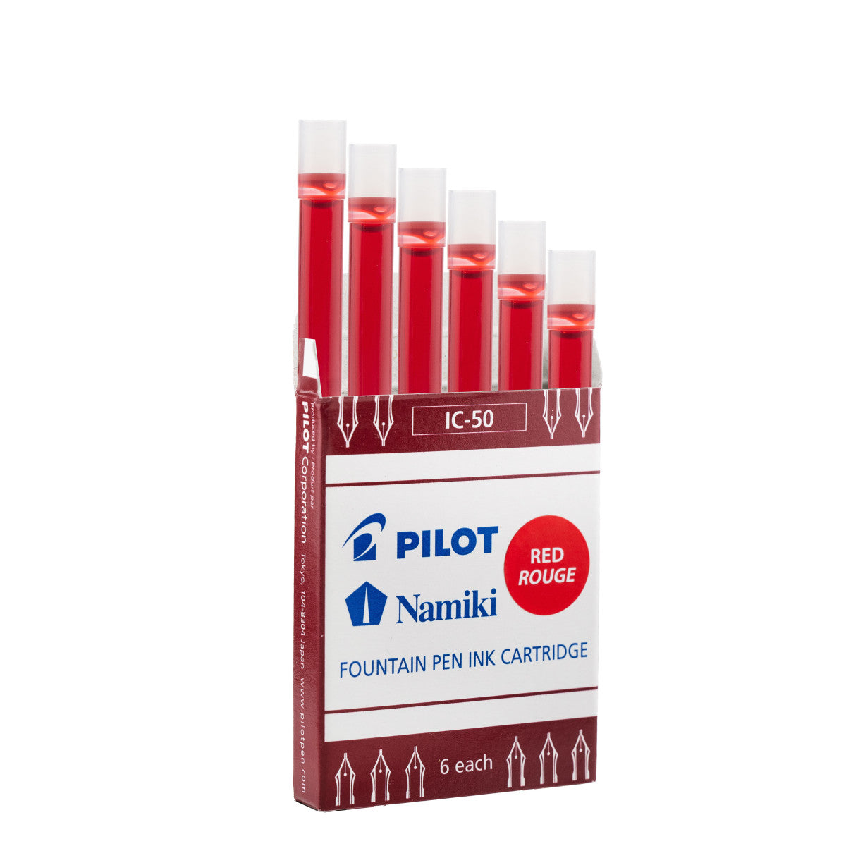Pack of Pilot Namiki fountain pen ink cartridges with red ink on a white background