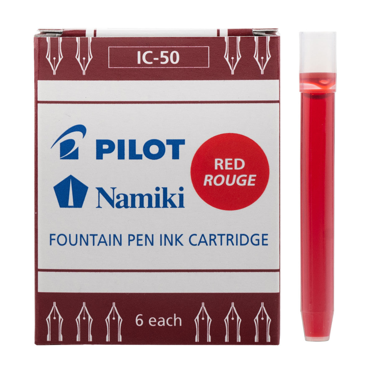 Pilot Namiki fountain pen ink cartridge packaging with a red cartridge on a white background