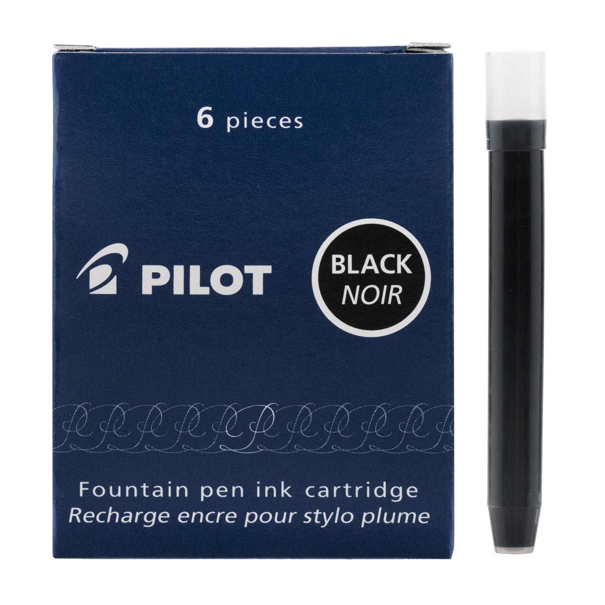 Pilot black fountain pen ink cartridge with packaging on a white background