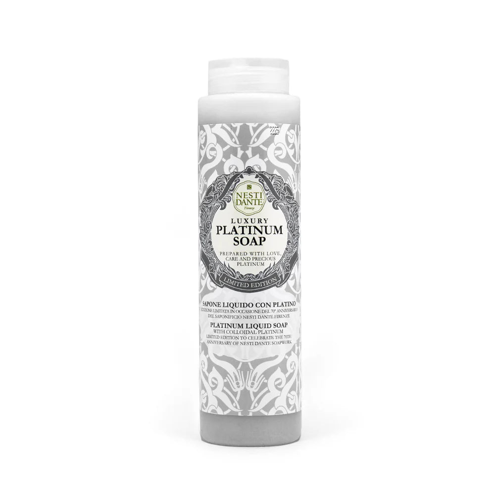 The tsll thin frosted bottle with decorative label which holds the Luxury Platinum Liquid Soap