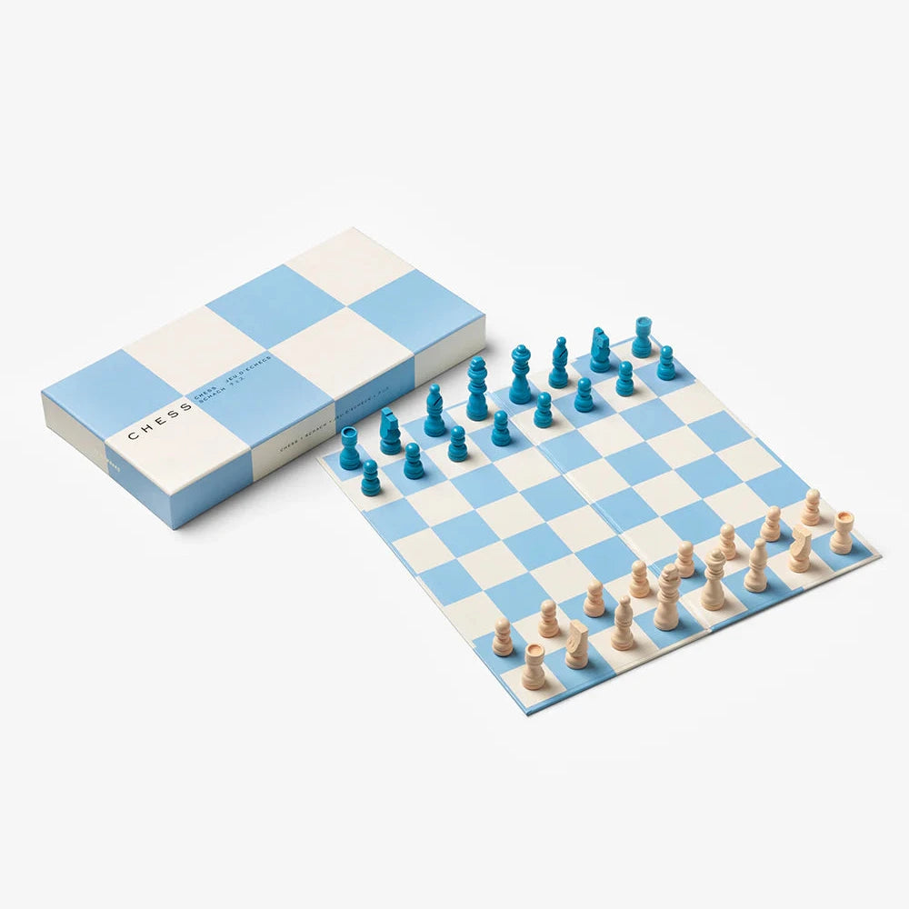 Chess set with blue and white checkered board and pieces on a white background