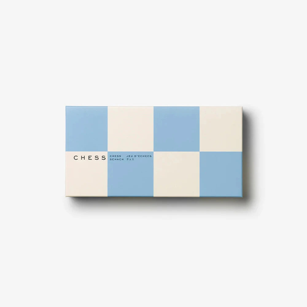Checkered box with blue and beige pattern on a white background