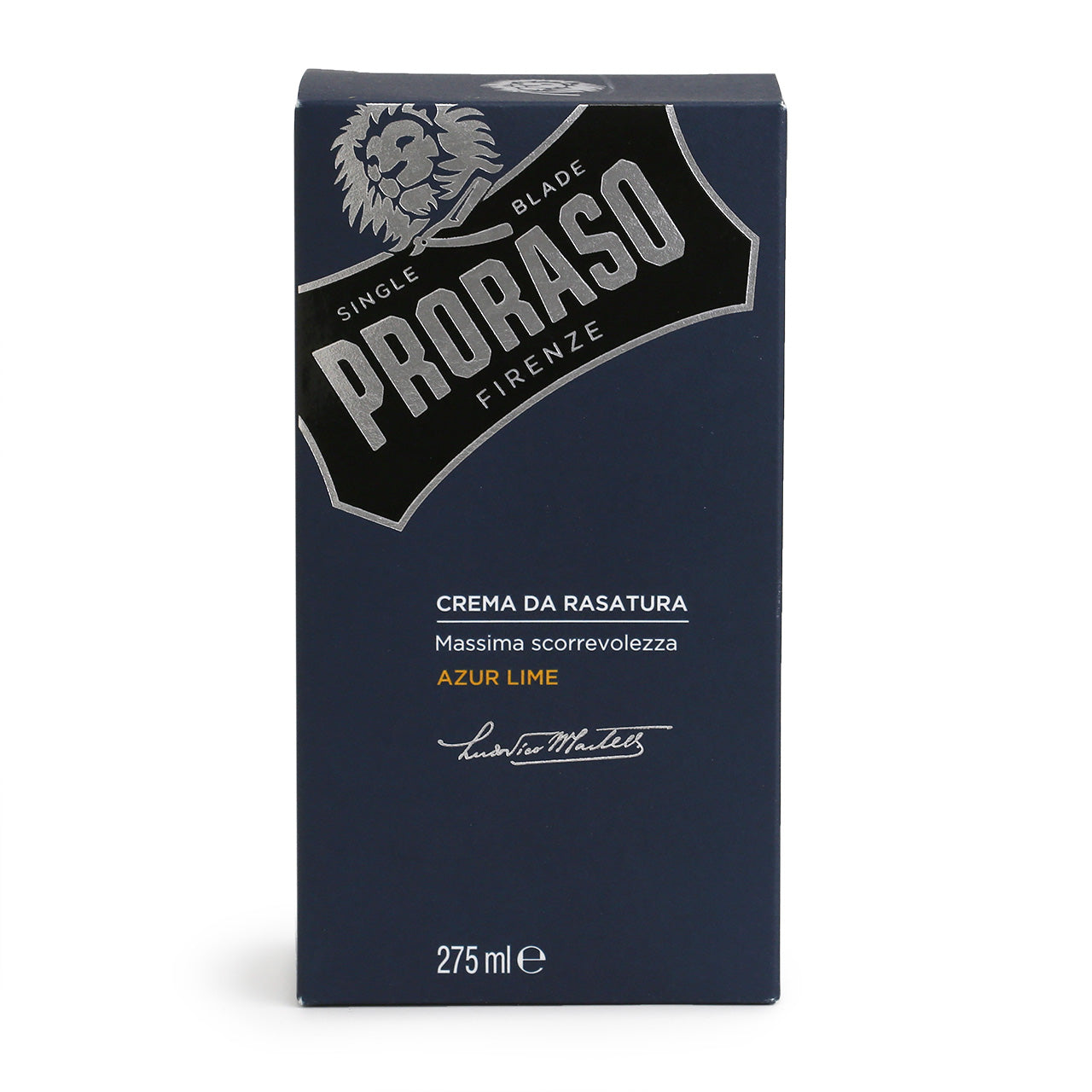 Proraso shaving cream Azure lime is a 275ml pouch in a navy blue box
