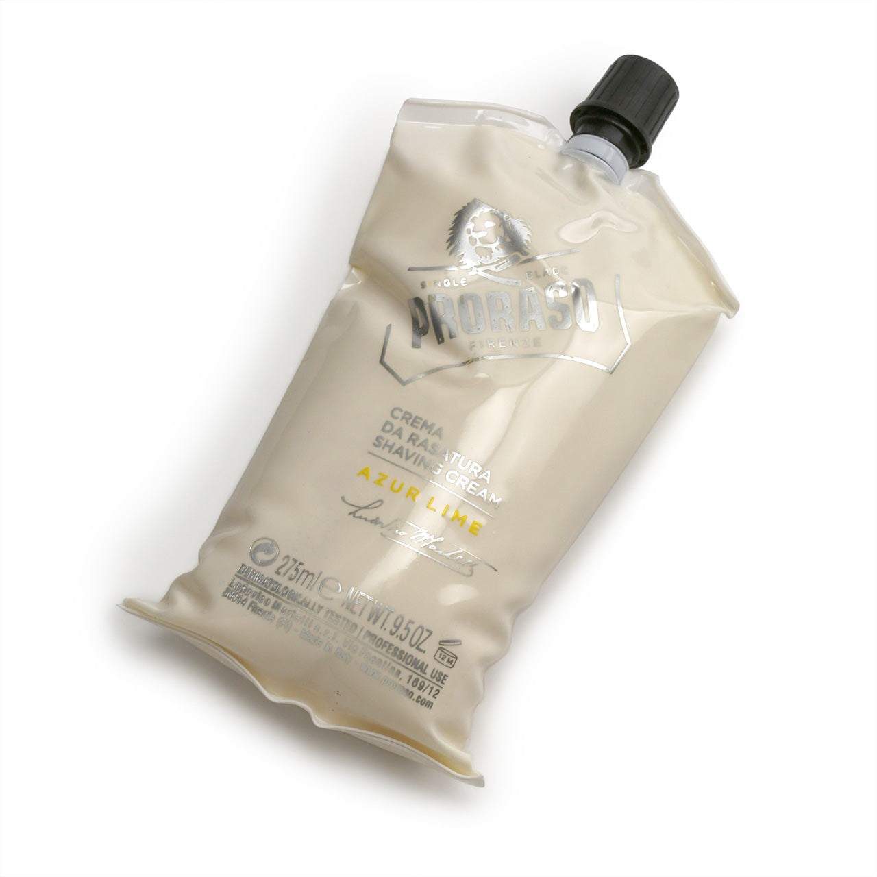 Proraso shaving cream Azure lime is a 275ml pouch in a navy blue box