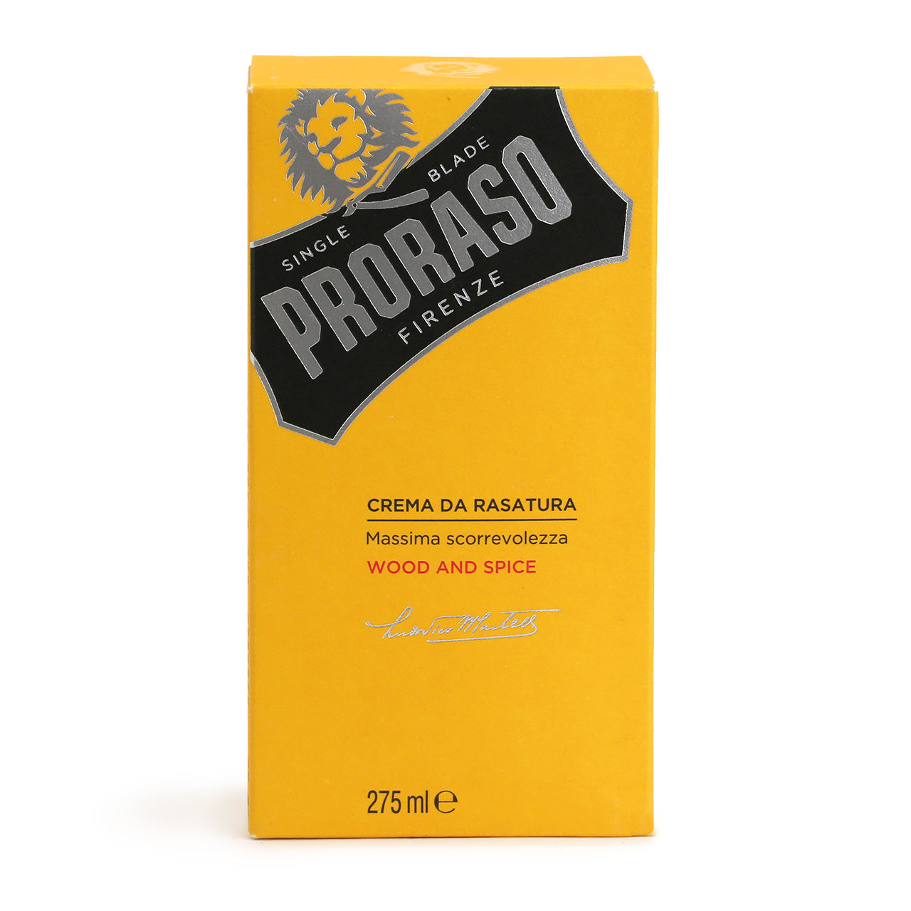 The bril;liant yellow-gold box of the Wood & Spice shaving cream 275mm outer pack