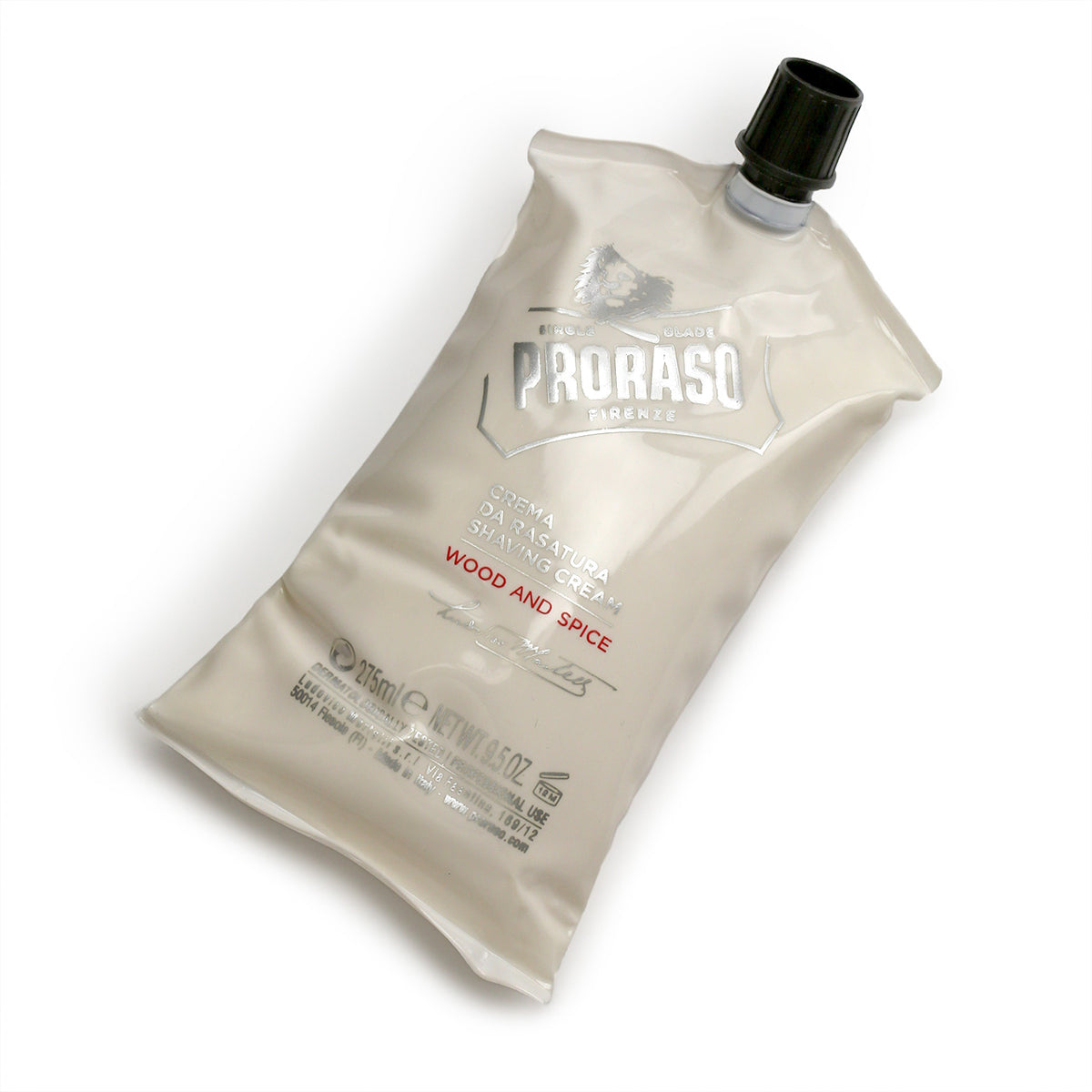 The pouch of Proraso Wood &amp; Spice shaving cream has a screw cap spout
