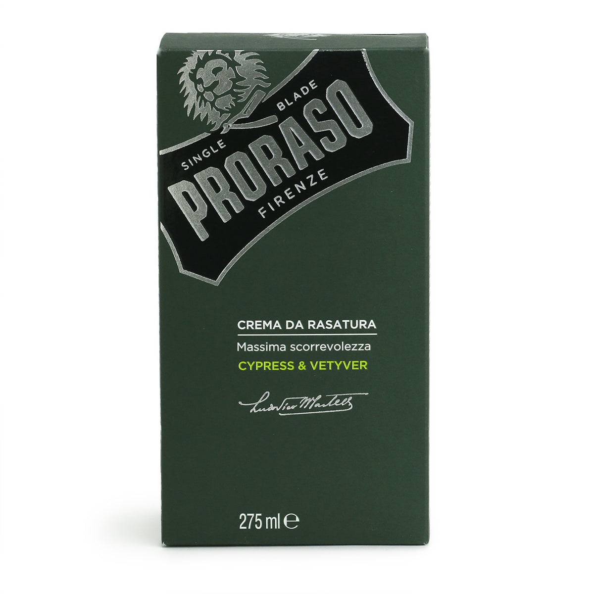 The dark green outer box of the Proraso Cypress &amp; Vetyver shaving cream