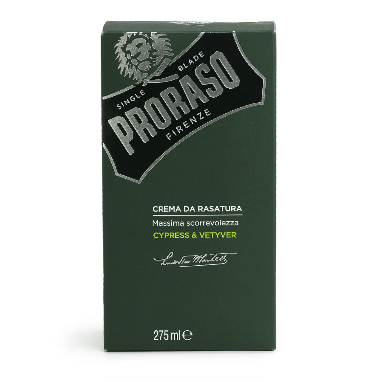 The dark green outer box of the Proraso Cypress & Vetyver shaving cream