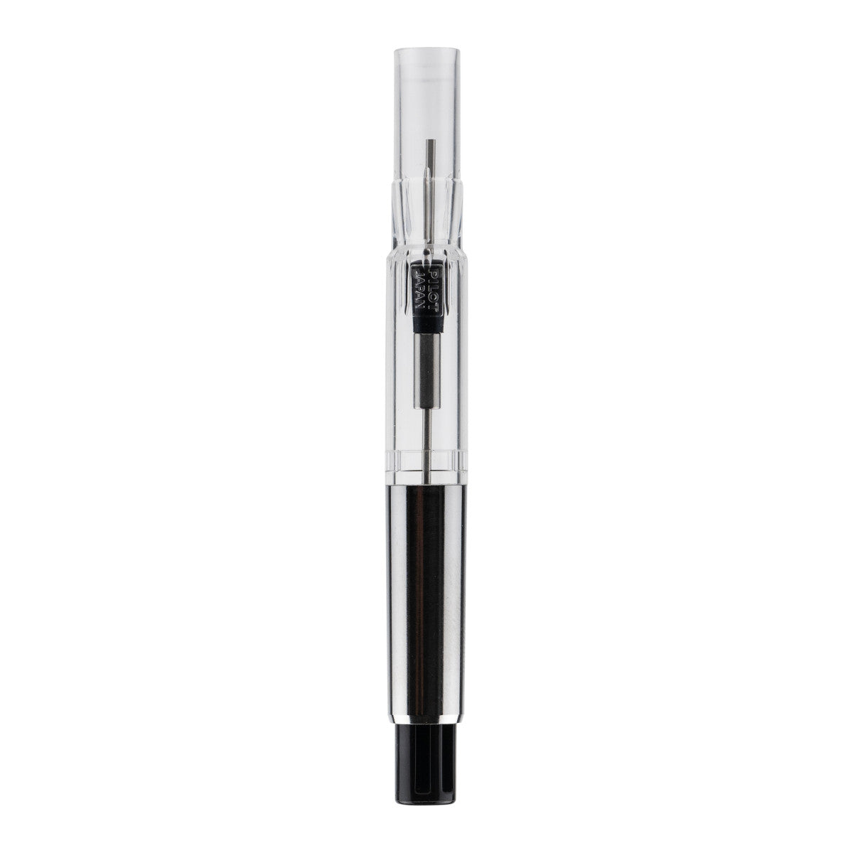 Silver and black fountain pen converter on a white background