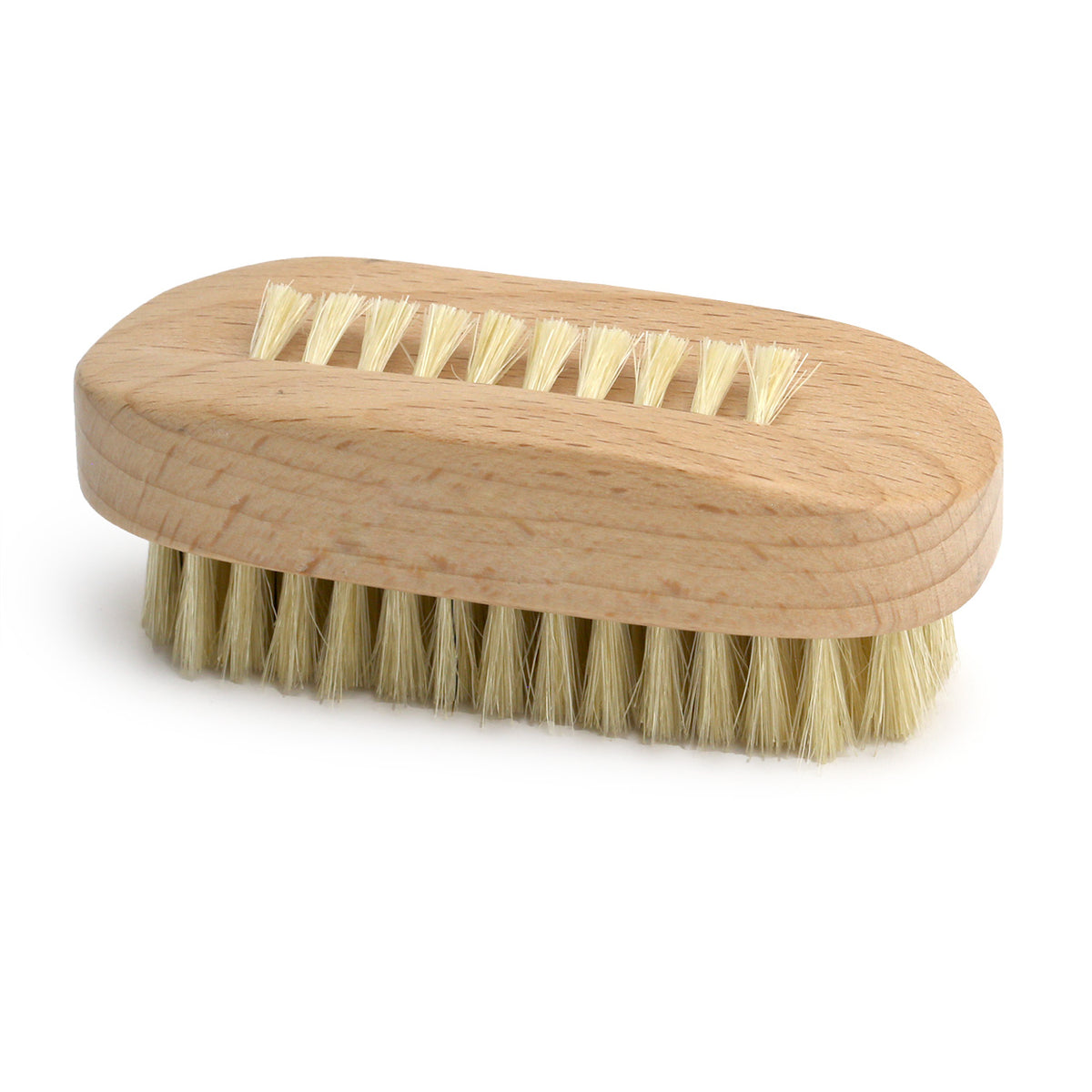 Natural colured timber nail brush  with stiff boar hair bristles - three quarter view of long edge and top