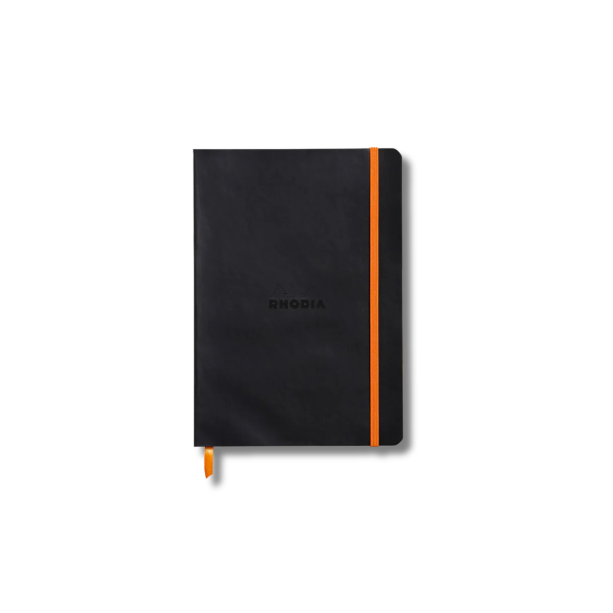 Black notebook with orange accent on a white background