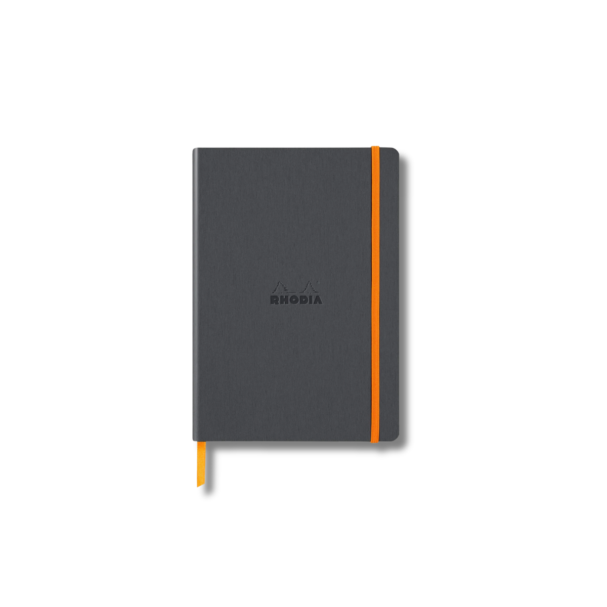 Black notebook with orange strap on a white background