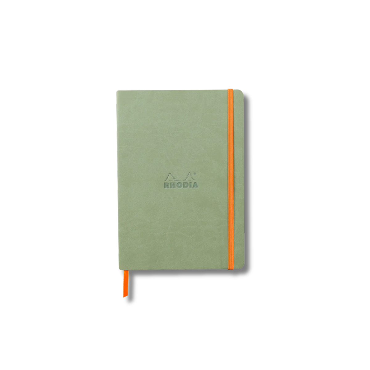 Green notebook with orange accents on a white background