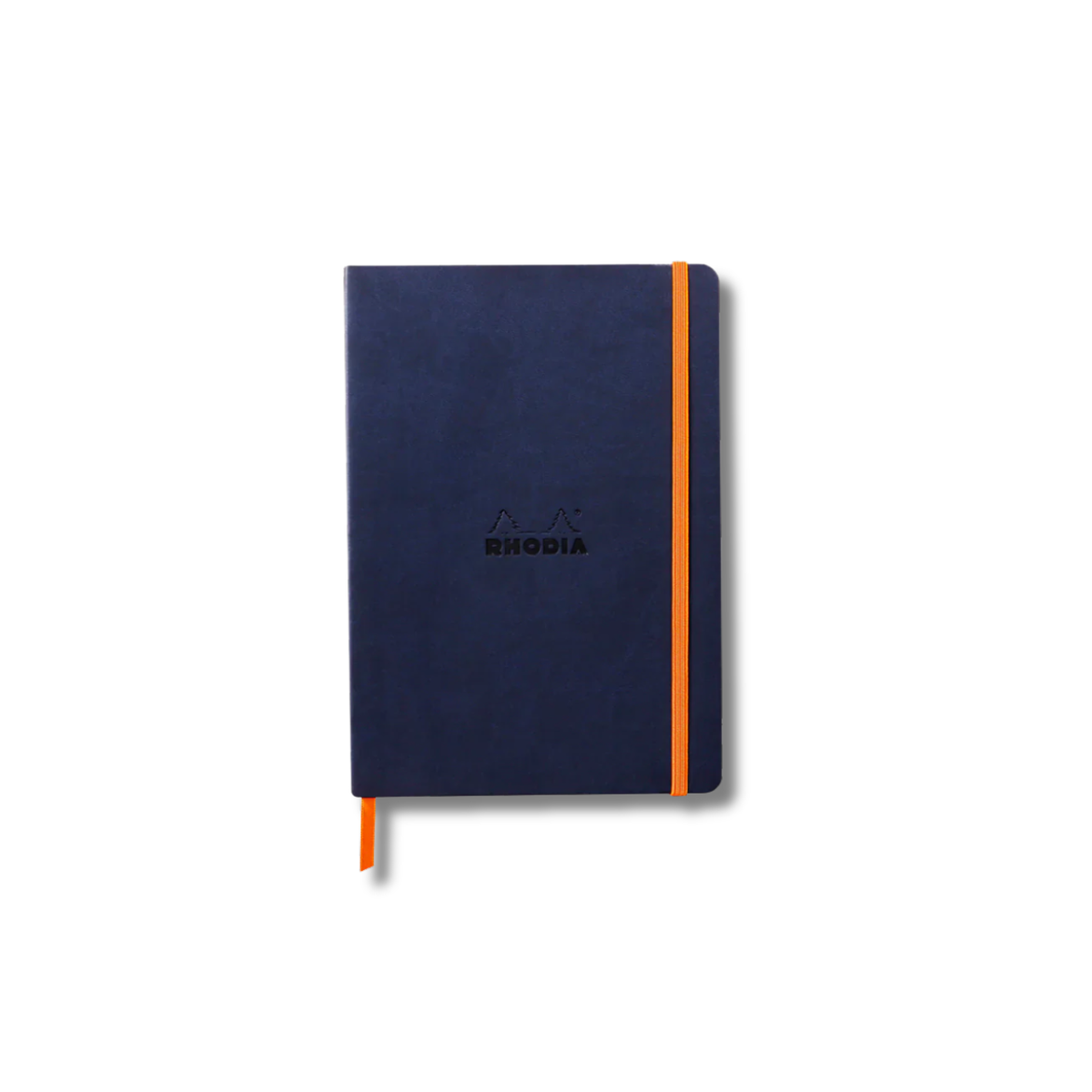 Blue notebook with orange binding on a white background