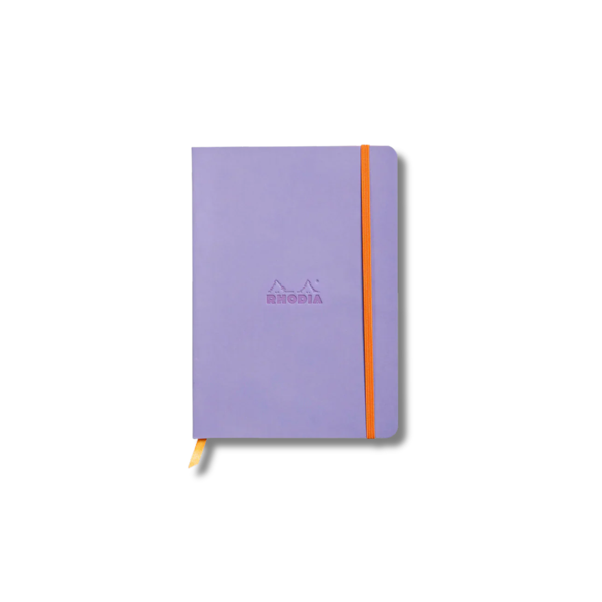 Purple notebook with orange strap on a white background