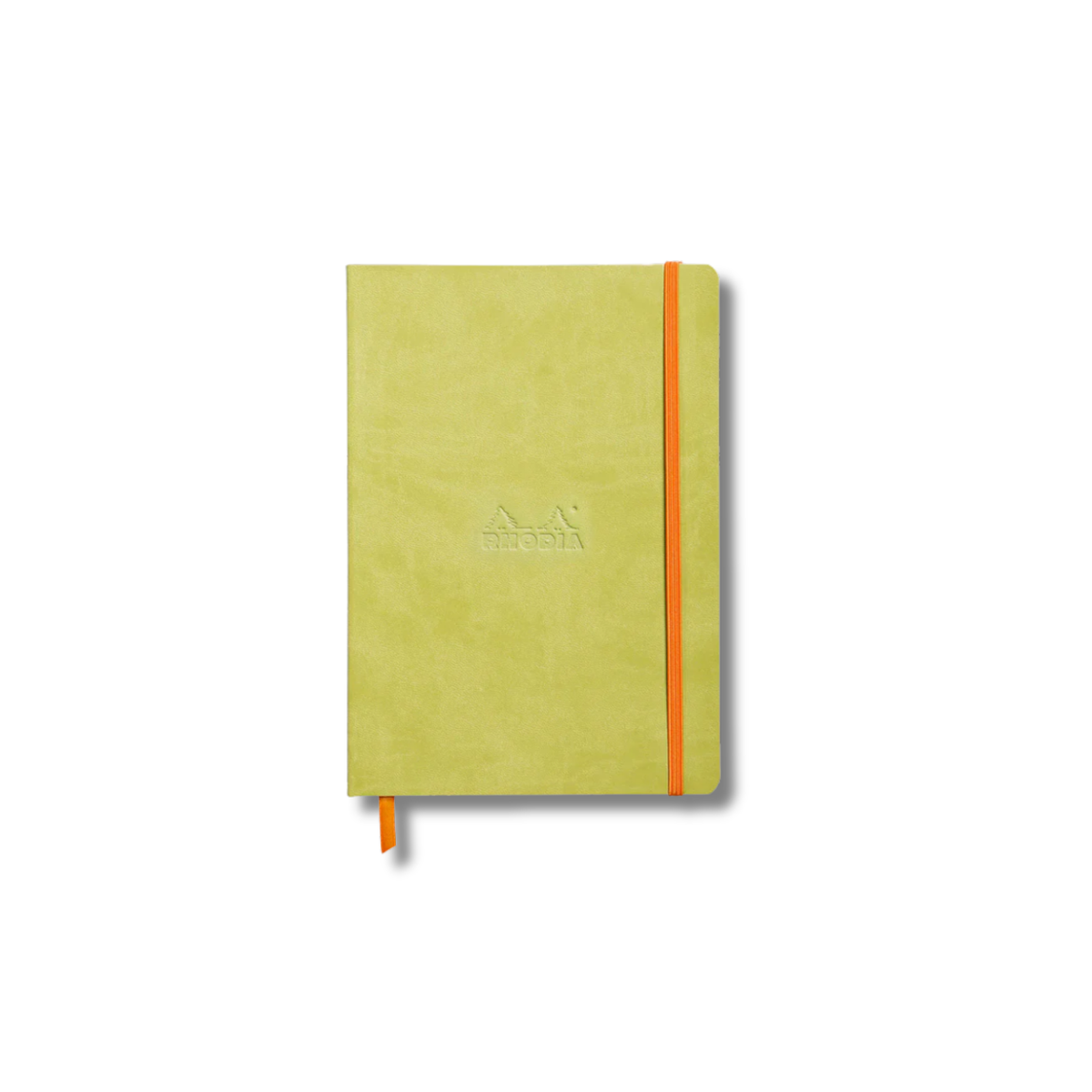 Green notebook with orange accents on a white background