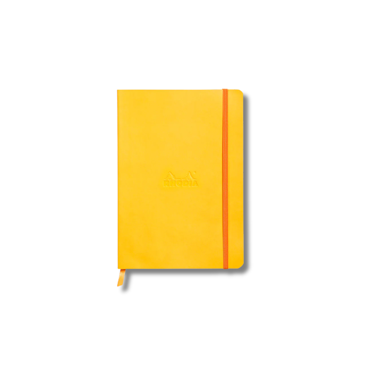 Yellow notebook with a red strap on a white background