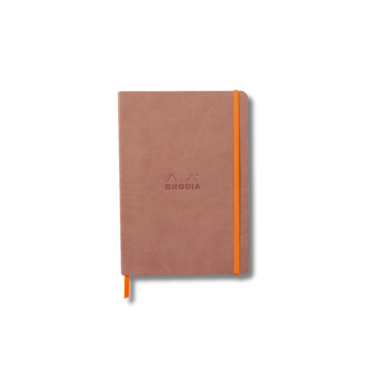 Brown notebook with orange binding on a white background