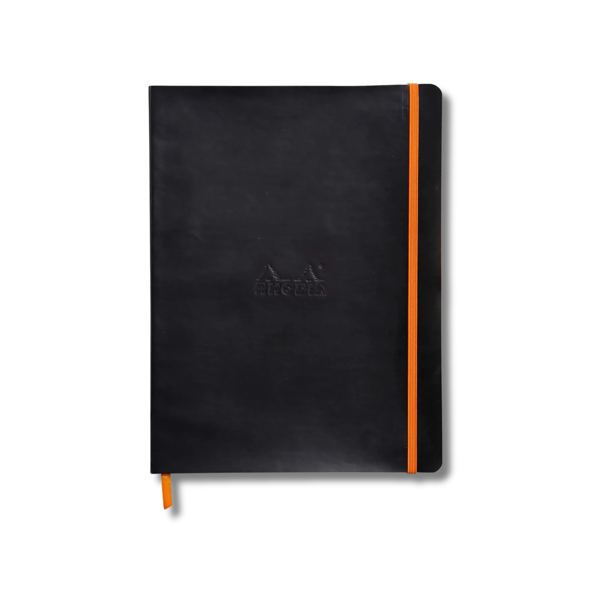 Black notebook with orange accents on a white background