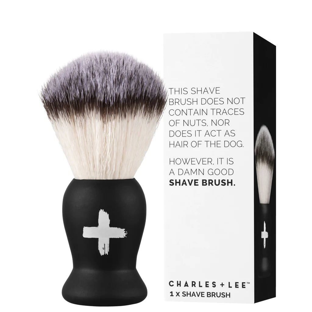 Charles &amp; Lee Cruelty-Free Shave Brush with its black and white box