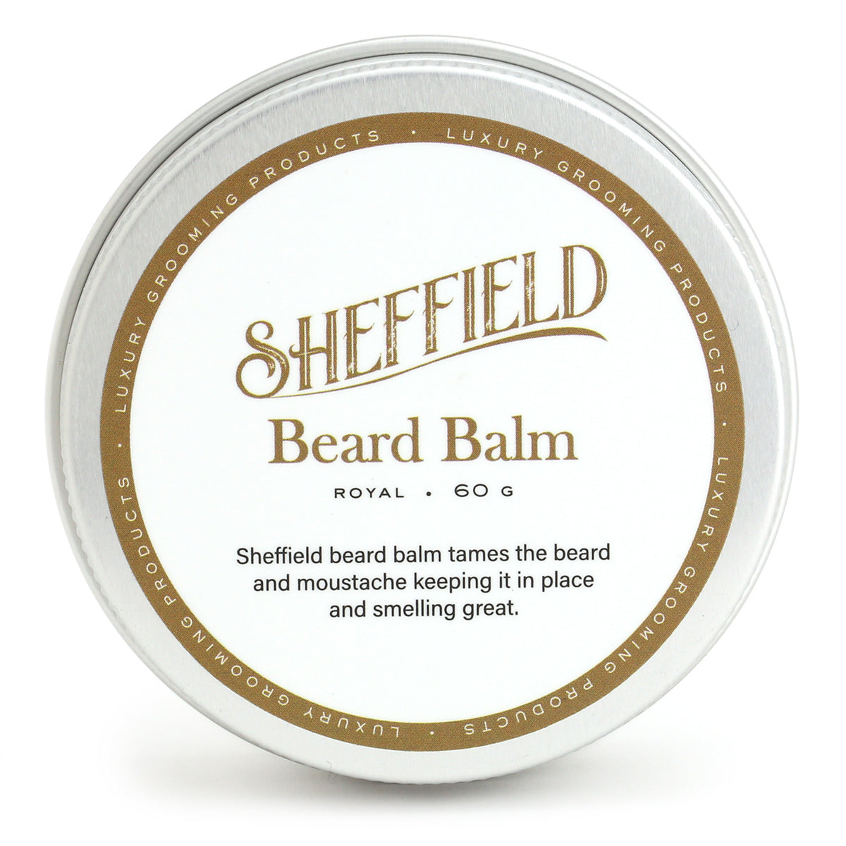 Sheffield Beard Balm 60g, Royal. Top view of tin