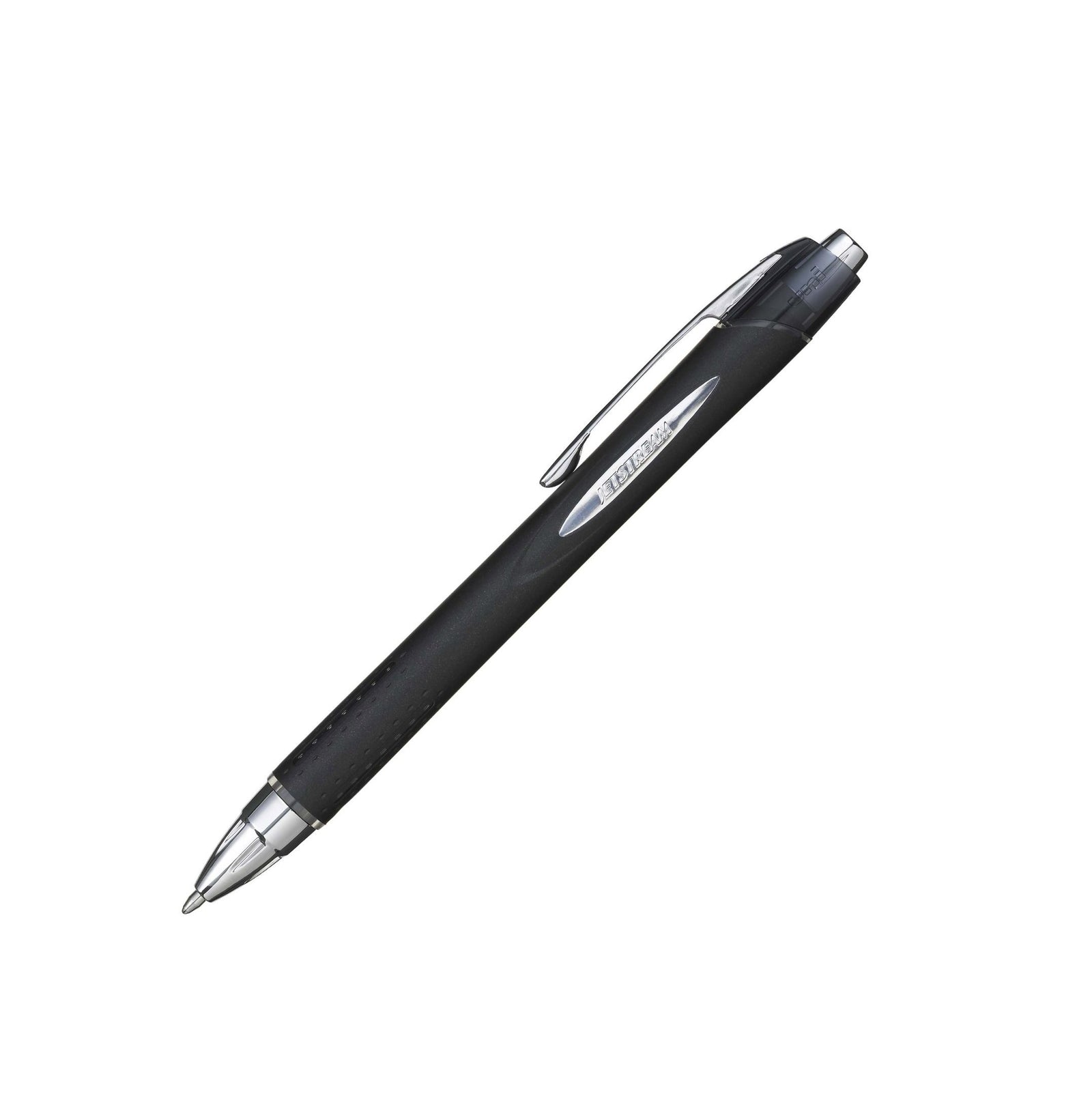 Black pen with silver accents on a white background