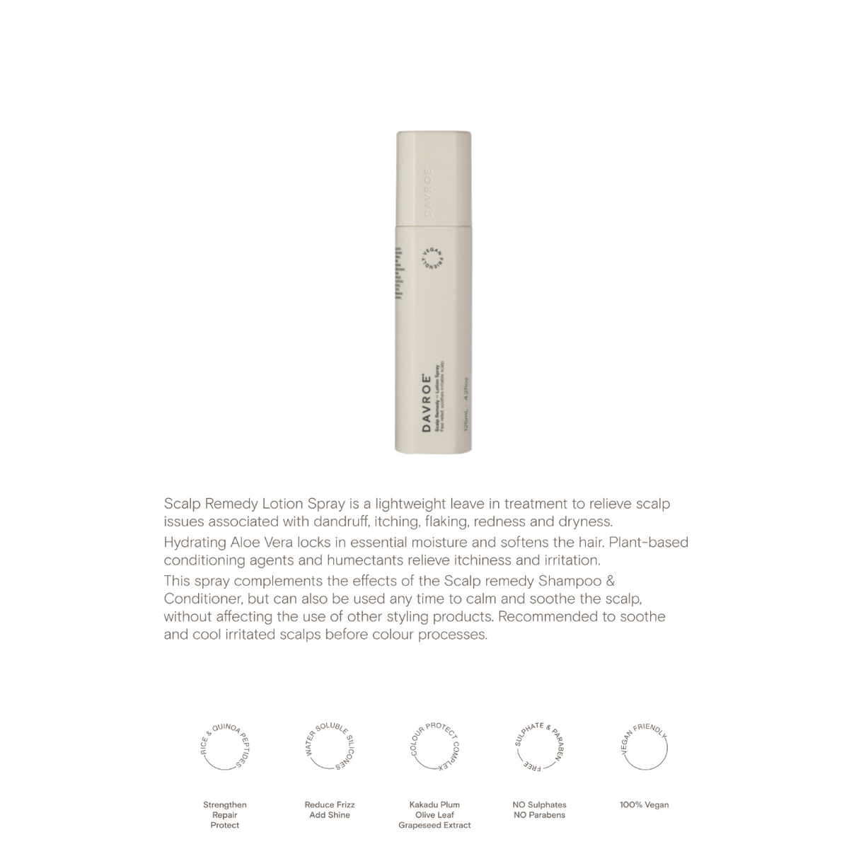 Davroe Scalp Remedy Lotion Spray bottle on a white background with product description text.
