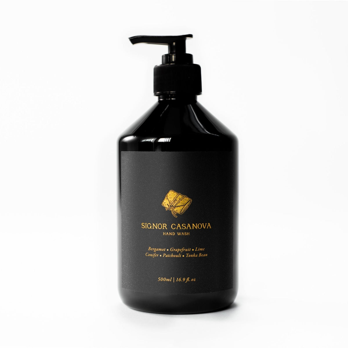 Black bottle of Signor Casanova hand wash on a white background