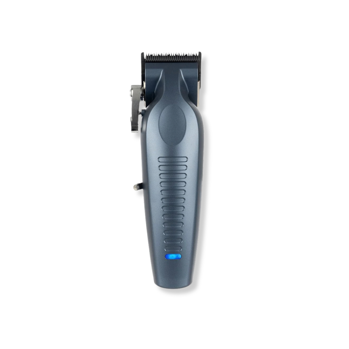 A dark gray cordless hair clipper with a black cutting blade and a small blue LED indicator light, shown from a top-down view on a white background.