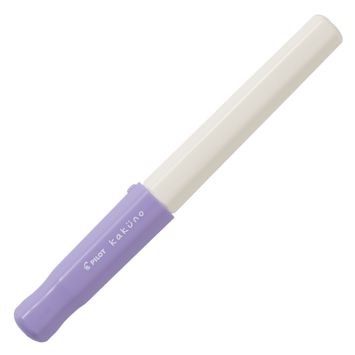 White and purple fountain pen with 'Pilot Kakuno' branding on a white background