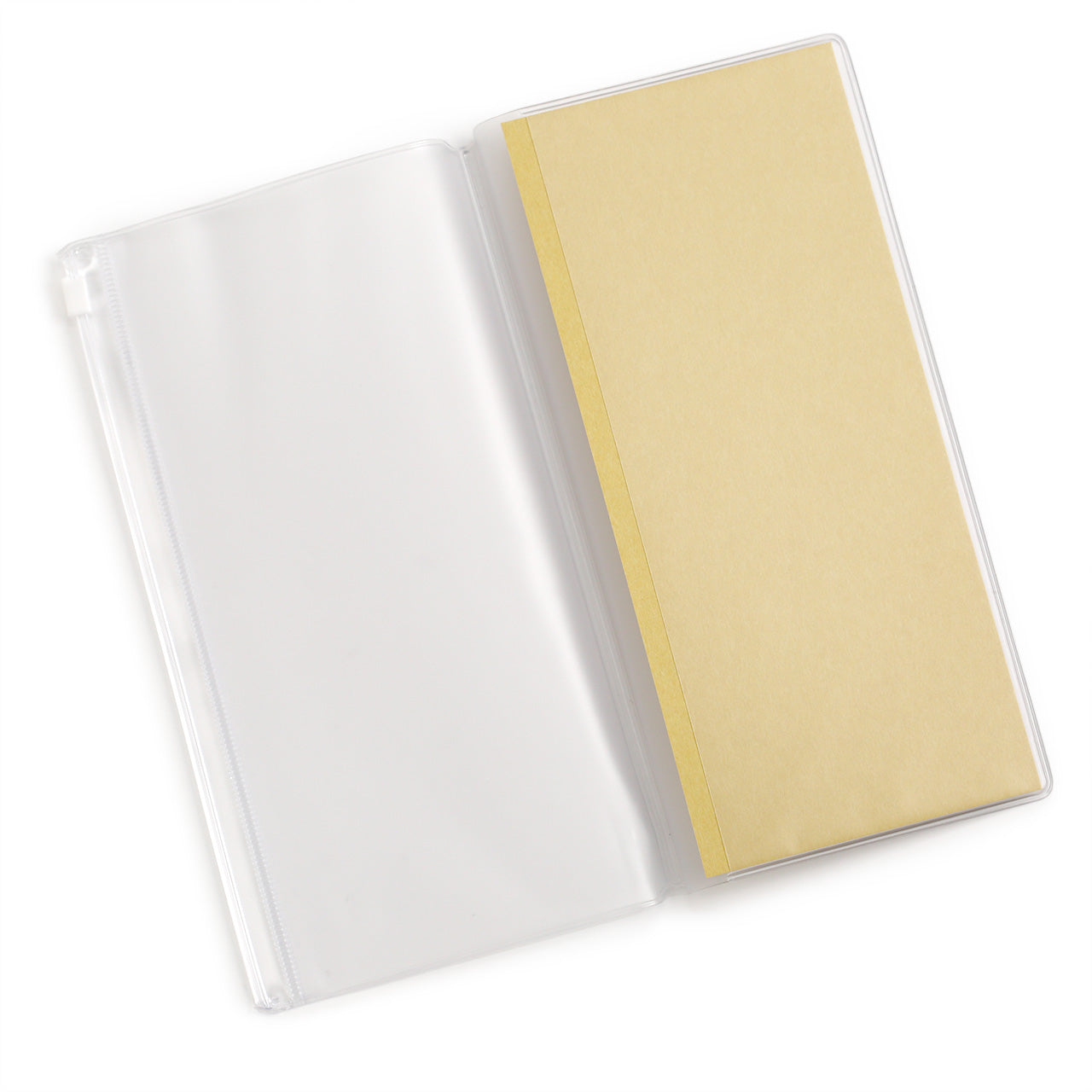 opened zipper case showing the frosted material and zip-lock on one edge, the outer pocket is one page size, and the inner pocket is full double page spread width