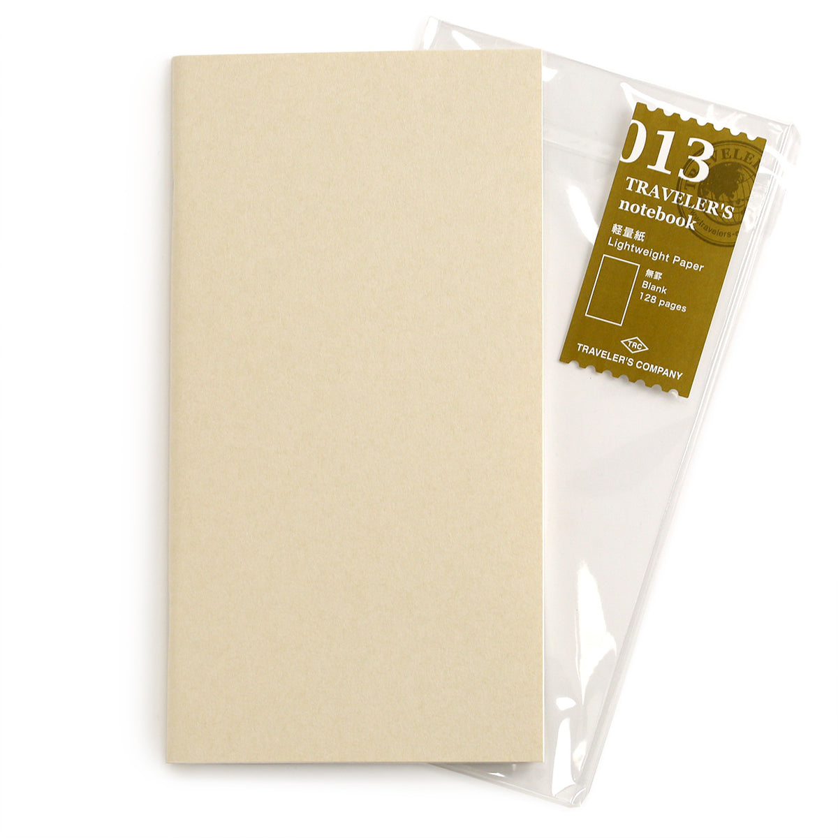 013 lightweight paper refill for regular traveler&#39;s notebook, showing the oatmeal coloured cover and olive green 013 label