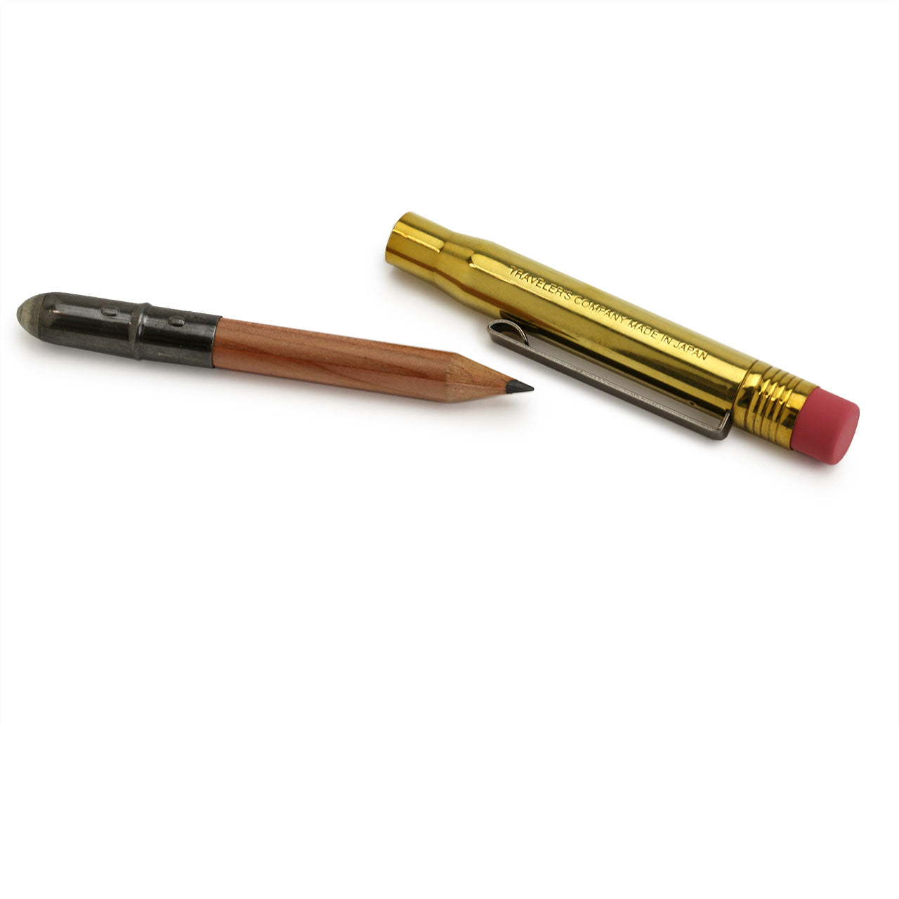 Brass pencil fully assembled with clip and eraser on one end, and the wooden pencil in the other