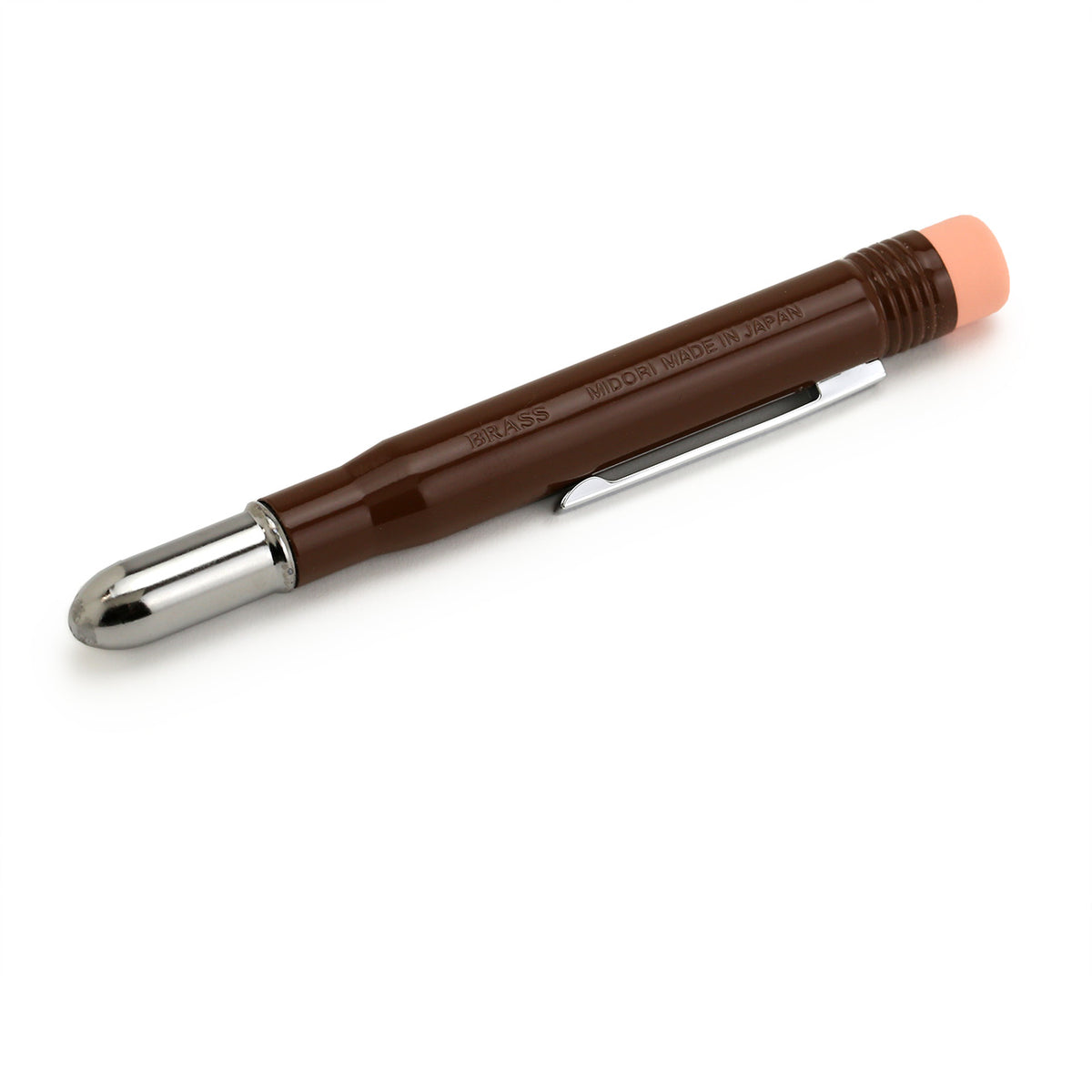 compact brown brass pencil with pencil fully inserted into cap end  to make a short unit