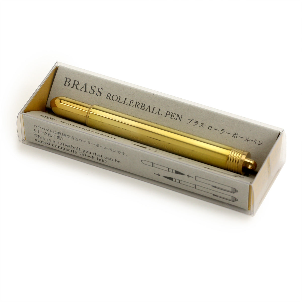 brass rollerball in its kraft and perspex packaging