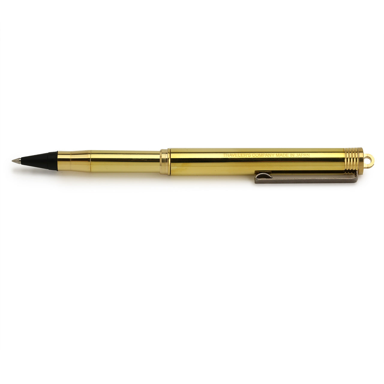 Brass rollerball pen fully assembled with the long cap posted